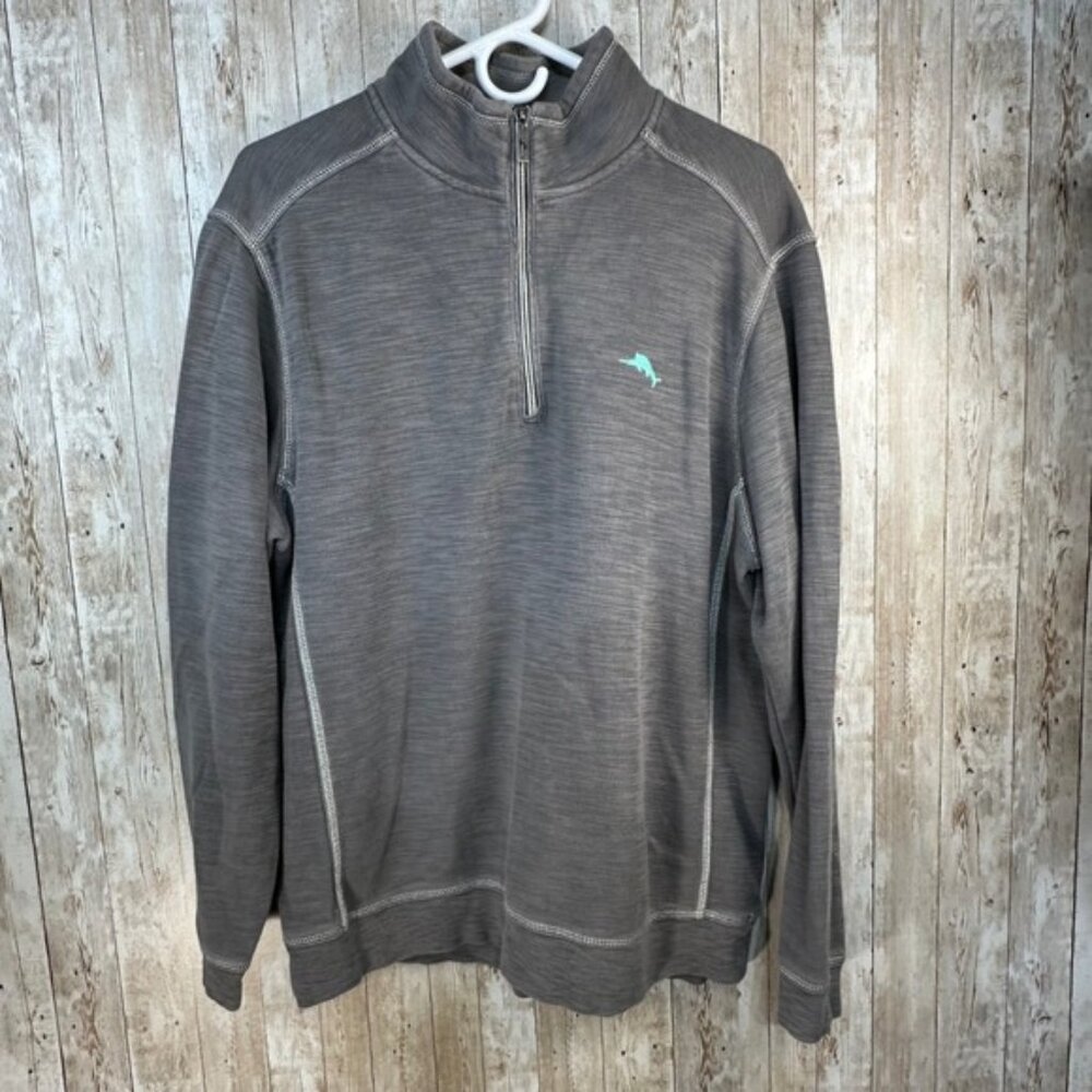 Tommy Bahama Tobago Bay Mens Pullover 1/4 Zip Gray Aqua Blue Swordfish Large
